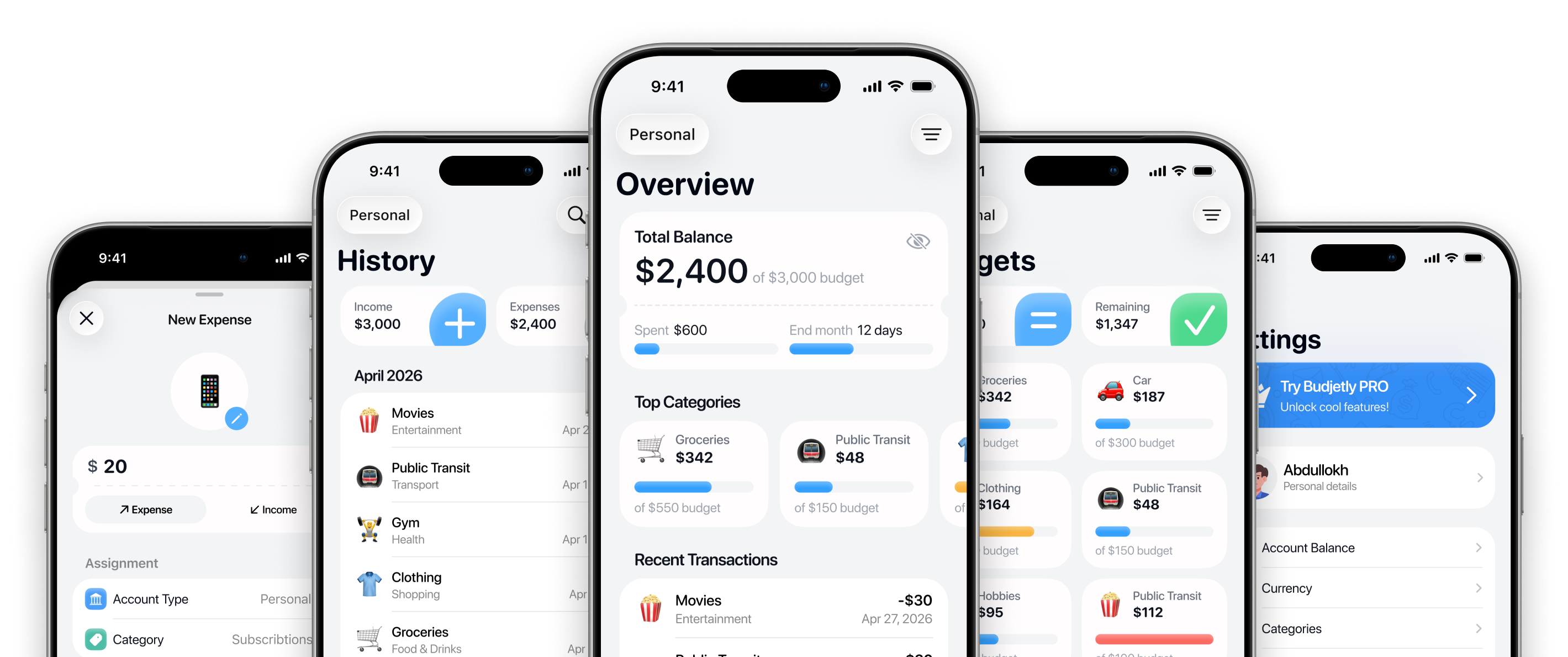 Budjetly app shown across five iPhone screens: overview, history, budgets, new expense, and settings